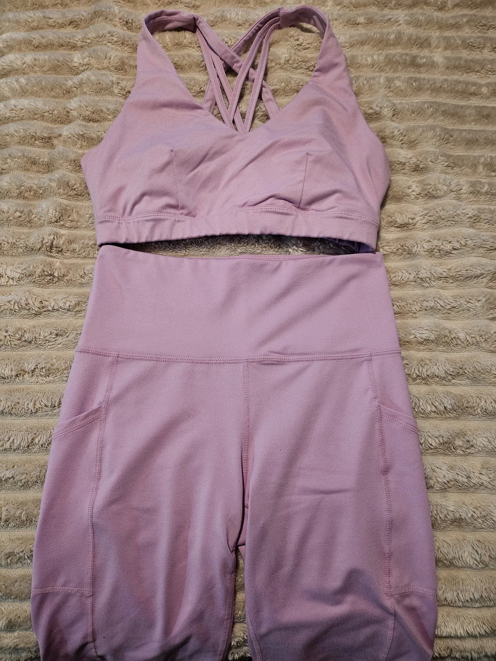 Mauve Pink Strappy Sports Bra and High-Waisted Workout Shorts Set Womens